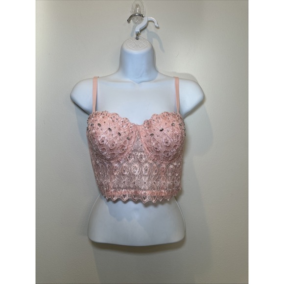Windsor Tops - Windsor‎ Top Womens XL Soft Pink Lace Bustier Crop Top with Rhinestones